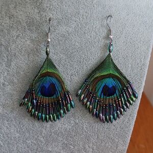 Vibrant Green and Blue Feather Earrings